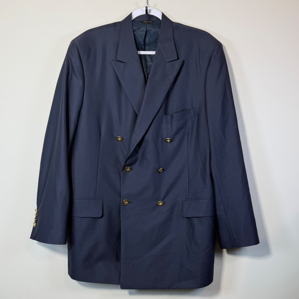 H. Freeman Blazer Men 45 Navy Blue Double Breasted Gold Button Wool USA Heritage
